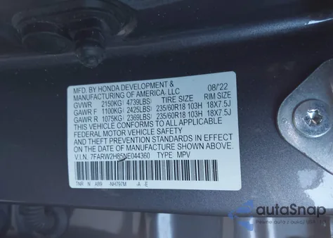 2022 Honda Cr-V Awd Ex-L z USA, uszkodzony, nr VIN 7FARW2H85NE044360